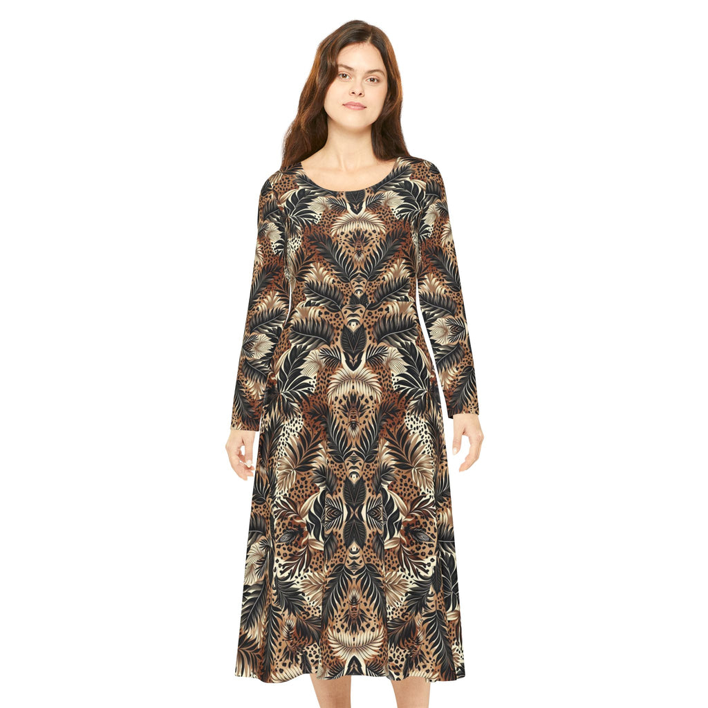 Boho Feather Print Long Sleeve luxury Dress — Full Circle Skirt