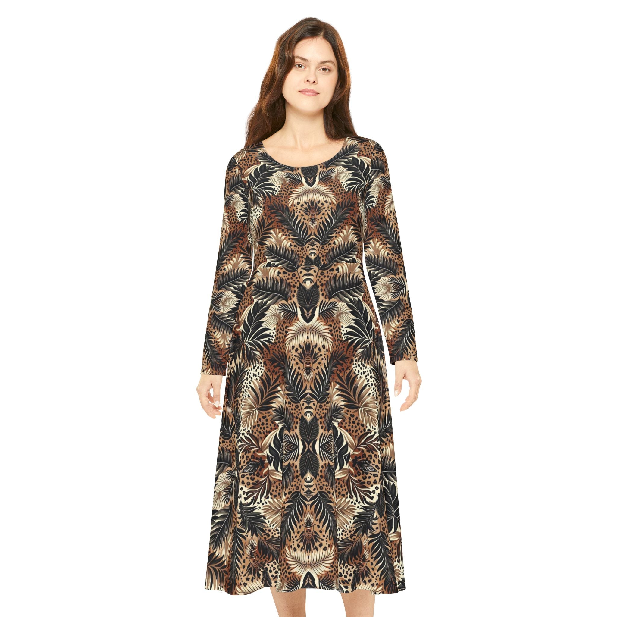 Boho Feather Print Long Sleeve luxury Dress — Full Circle Skirt