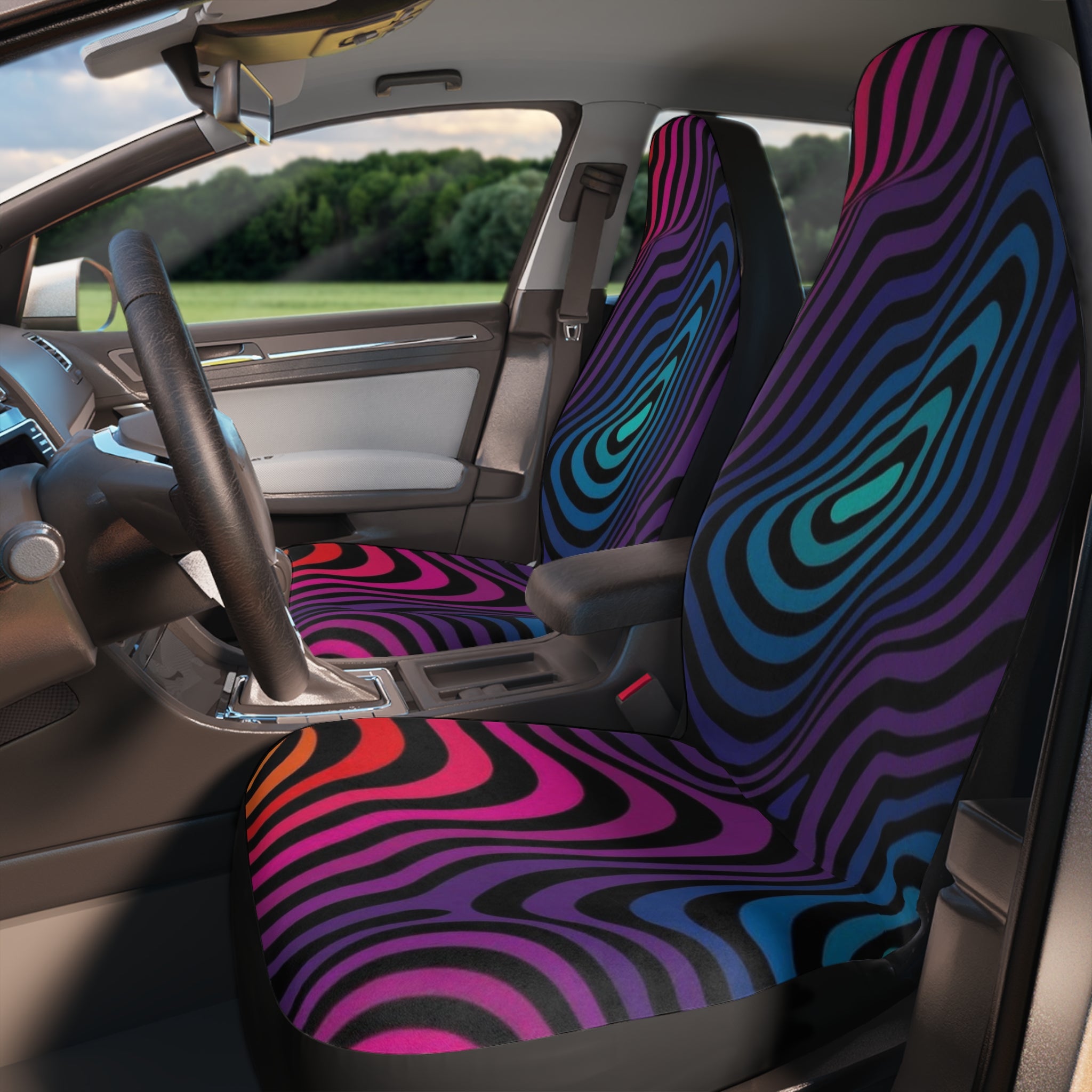 Psychedelic Wave Car Seat Covers — Vibrant Multicolor Zebra-Stripe Polyester Seat Protector